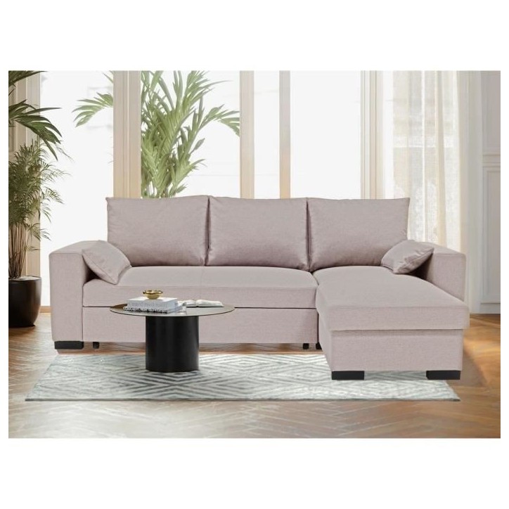Canapé d'angle convertible - MORGAN - 3 places - Beige avec coffre et coussins déco - 236x143x85cm Canapé d'angle convertible - MORGAN - 3 places - Beige avec coffre et coussins déco - 236x143x85cm