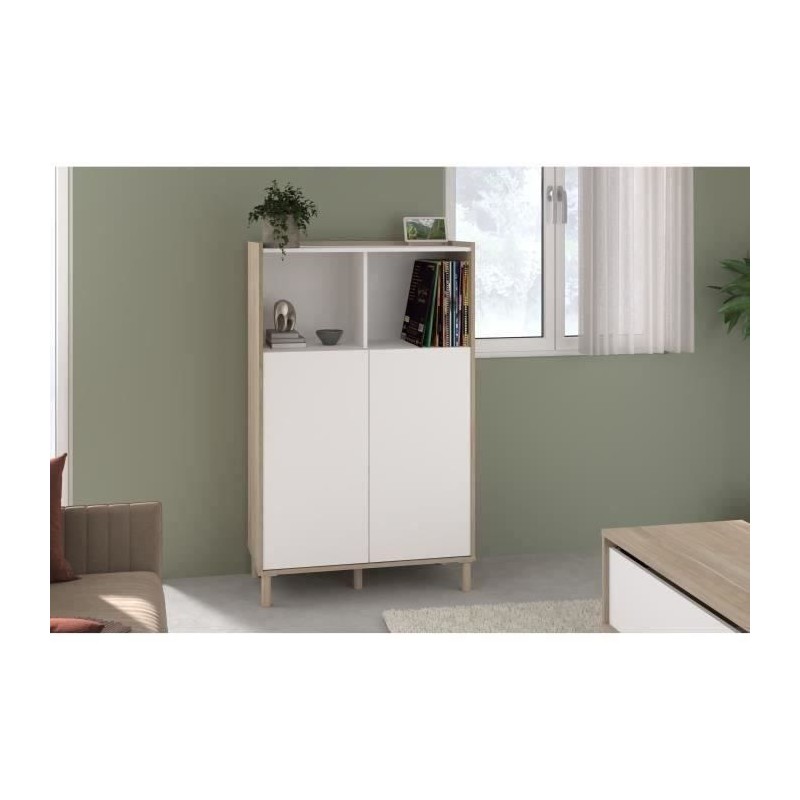Bahut haut MORPHOS - L 83,7 x P 40 x H 135 cm - Décor blanc / Chene -