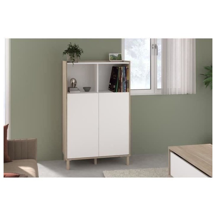 Bahut haut MORPHOS - L 83,7 x P 40 x H 135 cm - Décor blanc / Chene - 2 portes - PARISOT Bahut haut MORPHOS - L 83,7 x P 40 x H 135 cm - Décor blanc / Chene - 2 portes - PARISOT