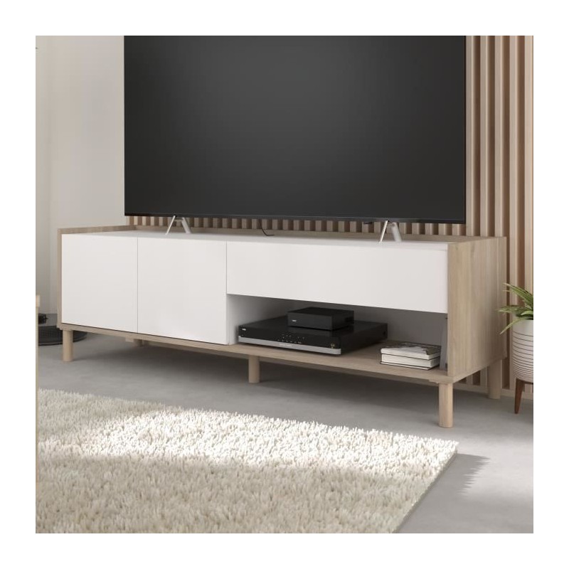 Meuble TV MORPHOS L 150 x P 40 x H 47,3 cm - Décor blanc / Chene - PA Meuble TV MORPHOS L 150 x P 40 x H 47,3 cm - Décor blanc / Chene - PA