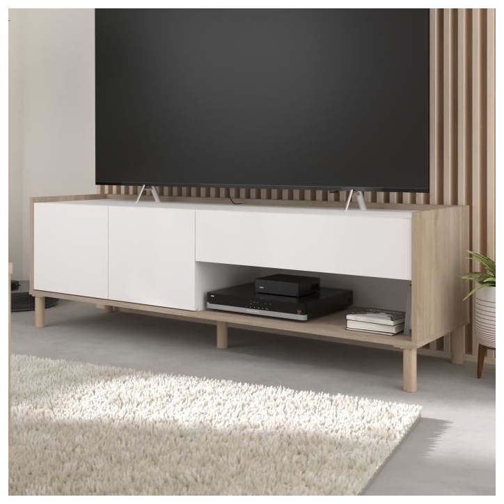 Meuble TV MORPHOS L 150 x P 40 x H 47,3 cm - Décor blanc / Chene - PARISOT Meuble TV MORPHOS L 150 x P 40 x H 47,3 cm - Décor blanc / Chene - PARISOT