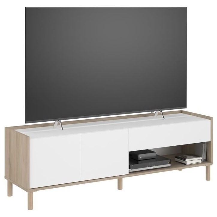 Meuble TV MORPHOS L 150 x P 40 x H 47,3 cm - Décor blanc / Chene - PARISOT Meuble TV MORPHOS L 150 x P 40 x H 47,3 cm - Décor blanc / Chene - PARISOT