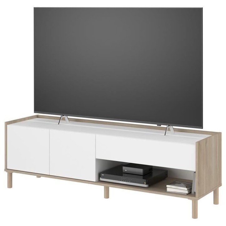 Meuble TV MORPHOS L 150 x P 40 x H 47,3 cm - Décor blanc / Chene - PARISOT Meuble TV MORPHOS L 150 x P 40 x H 47,3 cm - Décor blanc / Chene - PARISOT