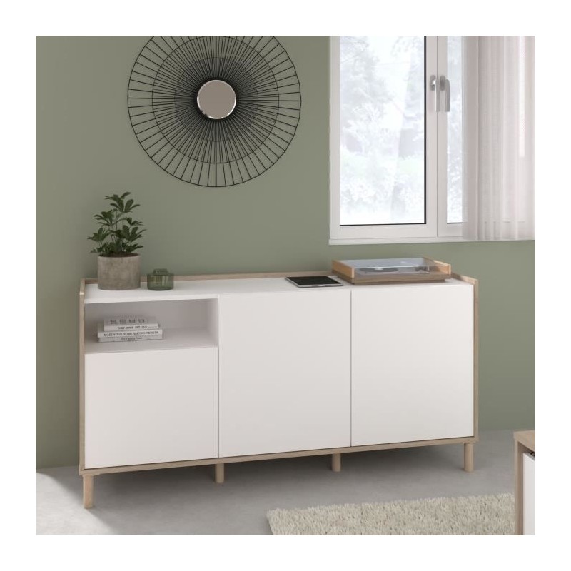 Buffet MORPHOS - L 150 x P 40 x H 74,5 cm - Décor blanc / Chene - 3 p