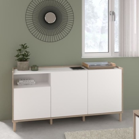 Buffet MORPHOS - L 150 x P 40 x H 74,5 cm - Décor blanc / Chene - 3 p