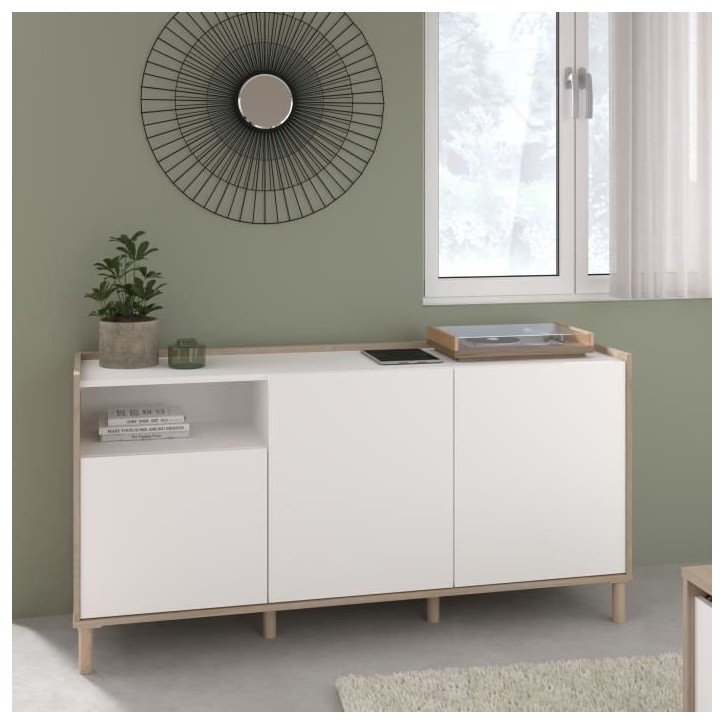 Buffet MORPHOS - L 150 x P 40 x H 74,5 cm - Décor blanc / Chene - 3 portes - PARISOT Buffet MORPHOS - L 150 x P 40 x H 74,5 cm - Décor blanc / Chene - 3 portes - PARISOT