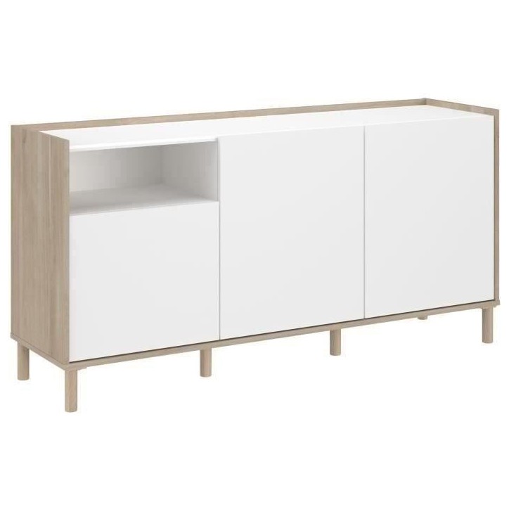 Buffet MORPHOS - L 150 x P 40 x H 74,5 cm - Décor blanc / Chene - 3 portes - PARISOT Buffet MORPHOS - L 150 x P 40 x H 74,5 cm - Décor blanc / Chene - 3 portes - PARISOT