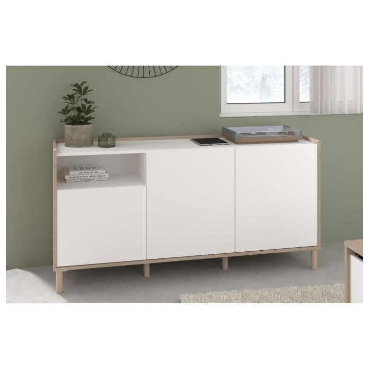 Buffet MORPHOS - L 150 x P 40 x H 74,5 cm - Décor blanc / Chene - 3 portes - PARISOT Buffet MORPHOS - L 150 x P 40 x H 74,5 cm - Décor blanc / Chene - 3 portes - PARISOT