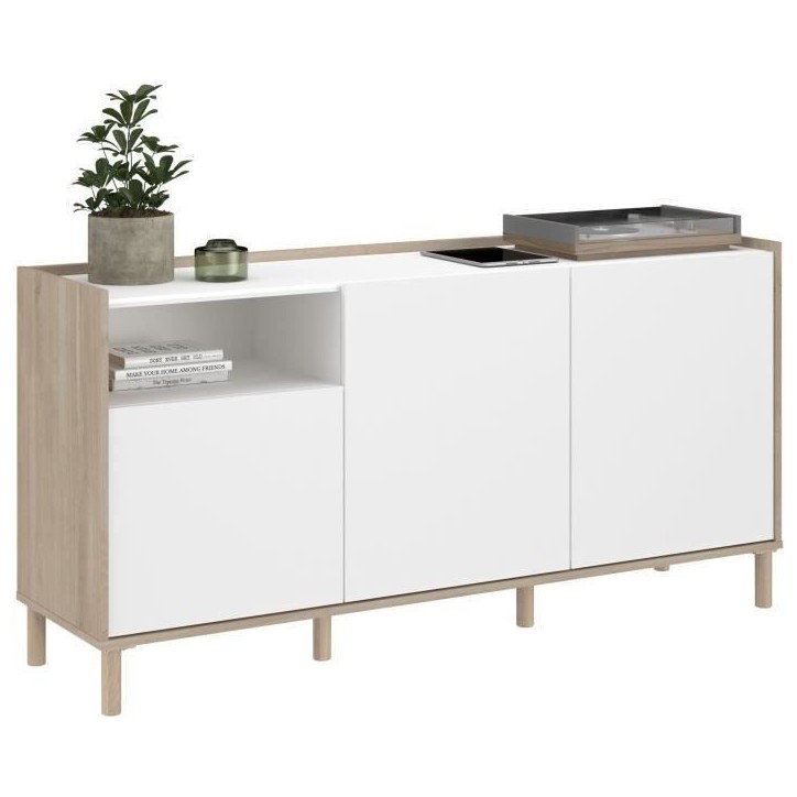 Buffet MORPHOS - L 150 x P 40 x H 74,5 cm - Décor blanc / Chene - 3 portes - PARISOT Buffet MORPHOS - L 150 x P 40 x H 74,5 cm - Décor blanc / Chene - 3 portes - PARISOT