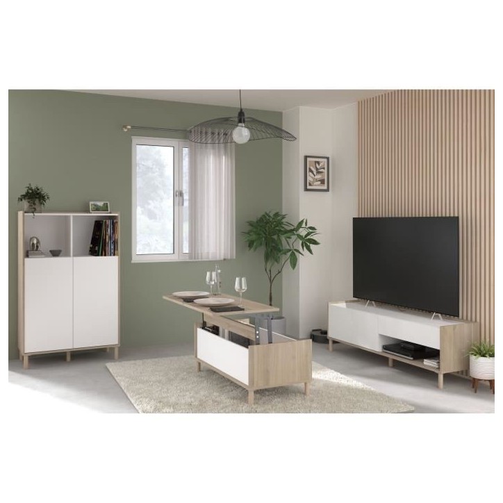 Ensemble meuble de salon - Meuble TV, table basse relevable, bahut haut - MORPHOS - Décor blanc / Chene - PARISOT Ensemble meuble de salon - Meuble TV, table basse relevable, bahut haut - MORPHOS - Décor blanc / Chene - PARISOT