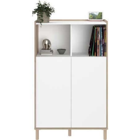 Ensemble meuble de salon - Meuble TV, table basse relevable, bahut haut - MORPHOS - Décor blanc / Chene - PARISOT