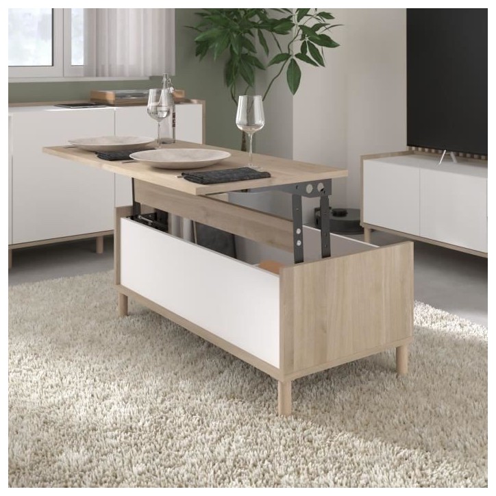 Table basse relevable MORPHOS - L 100 x P 50 x H 43,6 cm - Rectangulaire - Décor blanc / Chene - PARISOT Table basse relevable MORPHOS - L 100 x P 50 x H 43,6 cm - Rectangulaire - Décor blanc / Chene - PARISOT