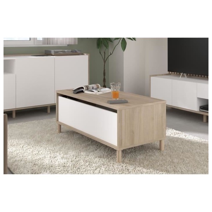 Table basse relevable MORPHOS - L 100 x P 50 x H 43,6 cm - Rectangulaire - Décor blanc / Chene - PARISOT Table basse relevable MORPHOS - L 100 x P 50 x H 43,6 cm - Rectangulaire - Décor blanc / Chene - PARISOT