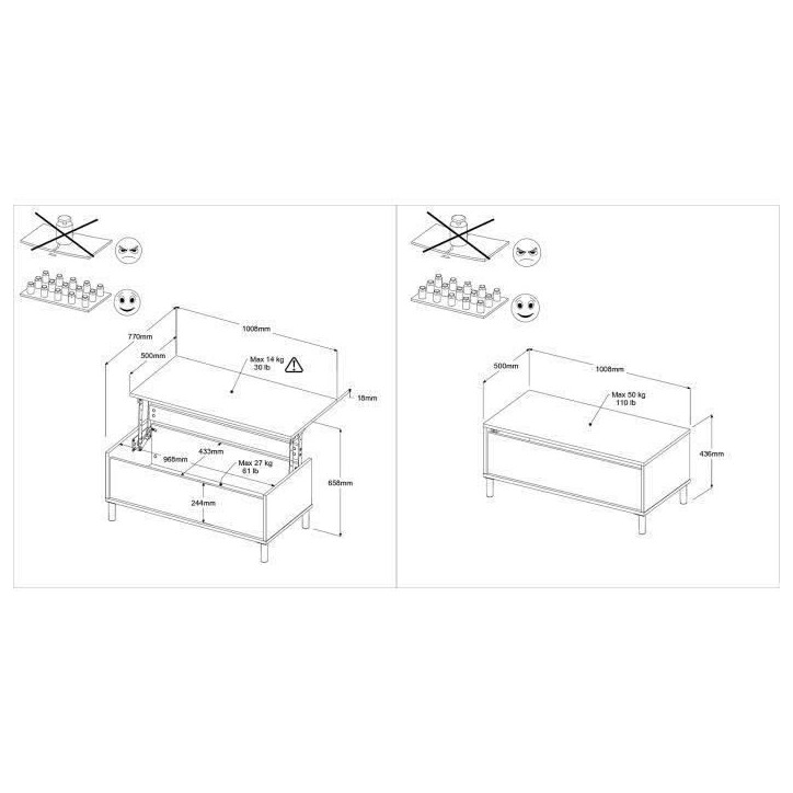 Table basse relevable MORPHOS - L 100 x P 50 x H 43,6 cm - Rectangulaire - Décor blanc / Chene - PARISOT Table basse relevable MORPHOS - L 100 x P 50 x H 43,6 cm - Rectangulaire - Décor blanc / Chene - PARISOT