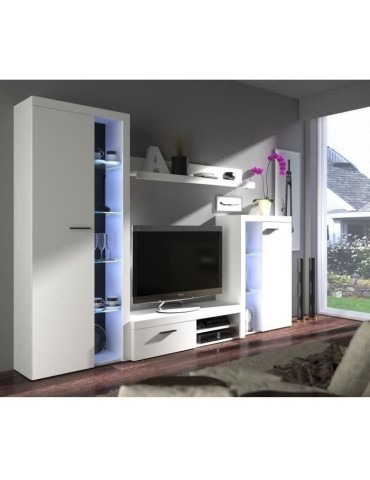 Meuble TV - Contemporain - Panneaux de particules et verre - Blanc mat - L 120 cm - RUMBA