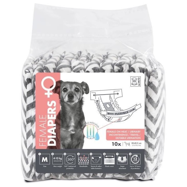 Couches pour chien - M PETS - DIAPERS - Femelle M x10 - Tour de taille 30-42,5 cm - 4-10 kg - Indicateur d'humidité - 12h prote Couches pour chien - M PETS - DIAPERS - Femelle M x10 - Tour de taille 30-42,5 cm - 4-10 kg - Indicateur d'humidité - 12h prote