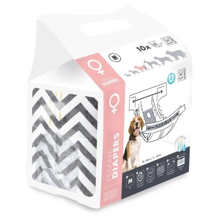 Couches pour chien - M PETS - DIAPERS - Femelle M x10 - Tour de taille 30-42,5 cm - 4-10 kg - Indicateur d'humidité - 12h prote Couches pour chien - M PETS - DIAPERS - Femelle M x10 - Tour de taille 30-42,5 cm - 4-10 kg - Indicateur d'humidité - 12h prote