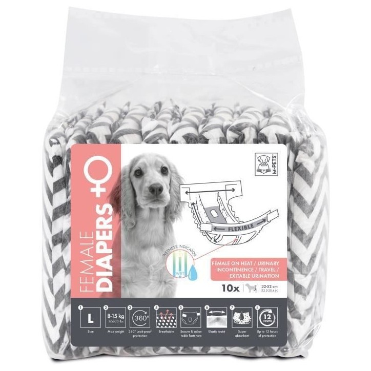 Couches pour chien - M PETS - DIAPERS Femelle L x10 - Tour de taille 32-52 cm - 8-15 kg - Indicateur d'humidité - 12h protectio Couches pour chien - M PETS - DIAPERS Femelle L x10 - Tour de taille 32-52 cm - 8-15 kg - Indicateur d'humidité - 12h protectio