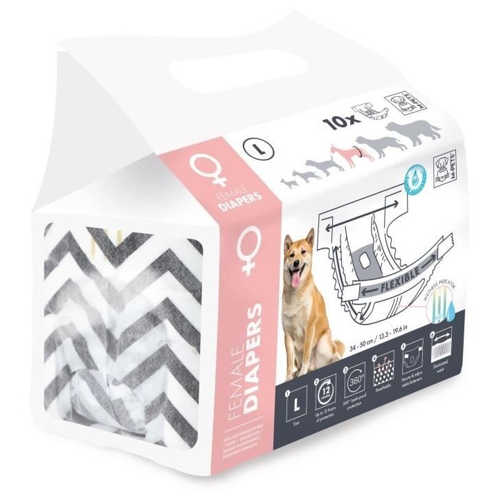 Couches pour chien - M PETS - DIAPERS Femelle L x10 - Tour de taille 32-52 cm - 8-15 kg - Indicateur d'humidité - 12h protectio Couches pour chien - M PETS - DIAPERS Femelle L x10 - Tour de taille 32-52 cm - 8-15 kg - Indicateur d'humidité - 12h protectio