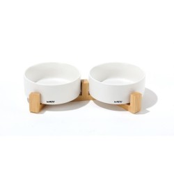 Bols céramique avec support en bambou 2x350 ml - Mpets - OPERA - Blan