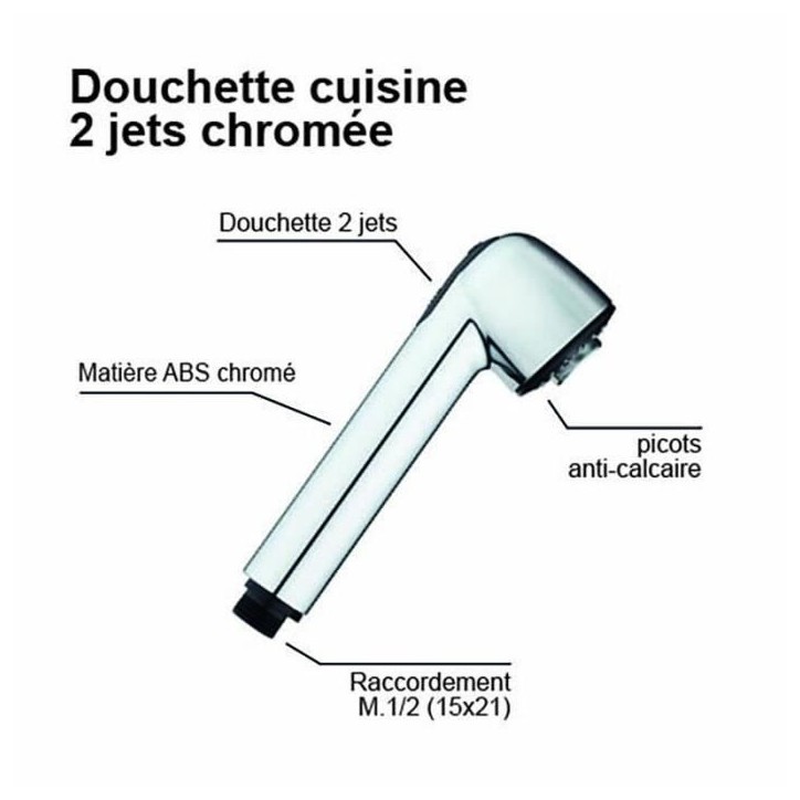 Douchette pour mitigeur d'évier de cuisine - Chromé - 2 jets - Picots anti-calcaire - ROUSSEAU Douchette pour mitigeur d'évier de cuisine - Chromé - 2 jets - Picots anti-calcaire - ROUSSEAU