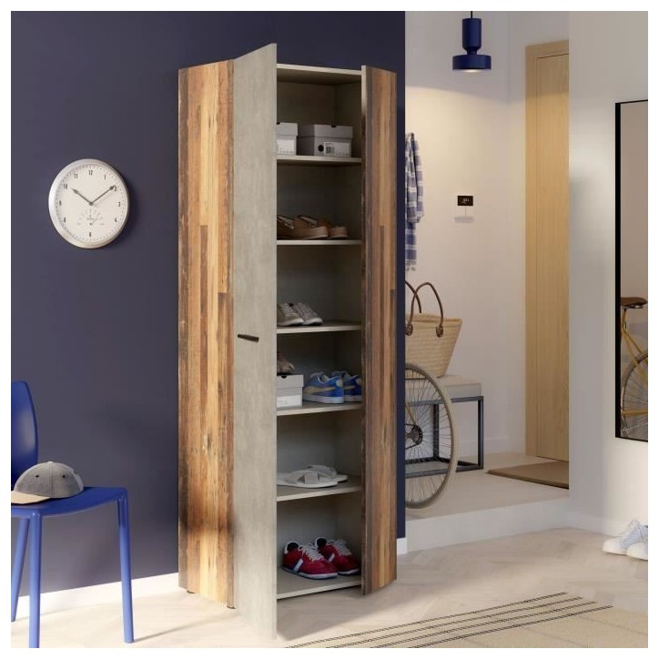 Armoire a chaussures - Béton gris foncé / Bois vintage - 18 paires - 68,7 x 36,5 x 181,1 cm - FORTE Armoire a chaussures - Béton gris foncé / Bois vintage - 18 paires - 68,7 x 36,5 x 181,1 cm - FORTE