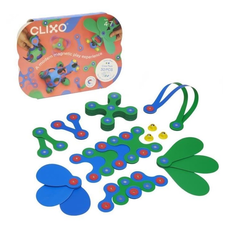 Crew Pack CLIXO - Bleu/Vert - GIPSY TOYS - Jeu de Construction magnétique, Flexible, Durable et imaginatif - 30 pieces - Des 4