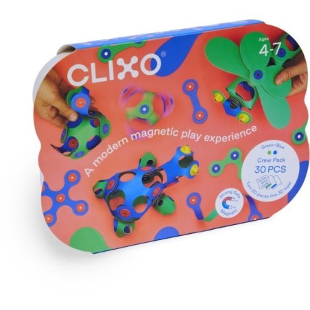 Crew Pack CLIXO - Bleu/Vert - GIPSY TOYS - Jeu de Construction magnétique, Flexible, Durable et imaginatif - 30 pieces - Des 4