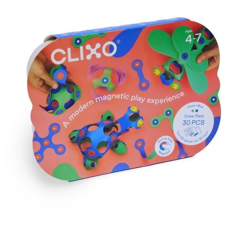 Crew Pack CLIXO - Bleu/Vert - GIPSY TOYS - Jeu de Construction magnétique, Flexible, Durable et imaginatif - 30 pieces - Des 4