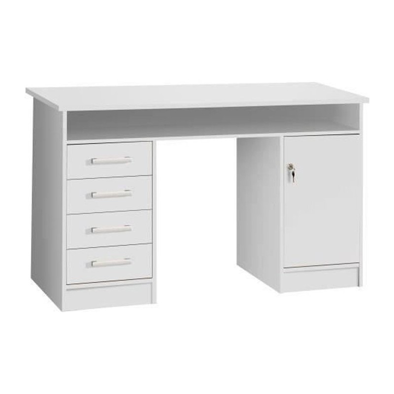 Bureau droit a clés avec 1 porte et 4 tiroirs - Décor papier blanc -