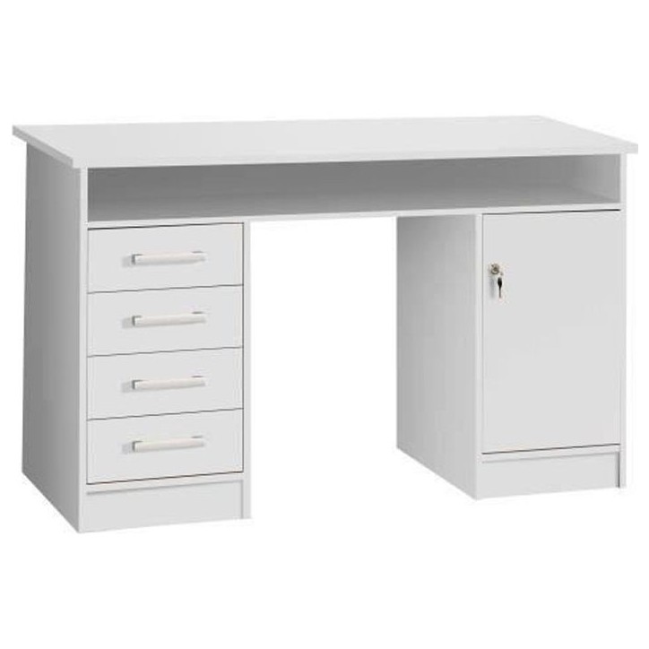 Bureau droit a clés avec 1 porte et 4 tiroirs - Décor papier blanc - 126 x P 55 x H 76 cm - ALICANTE Bureau droit a clés avec 1 porte et 4 tiroirs - Décor papier blanc - 126 x P 55 x H 76 cm - ALICANTE