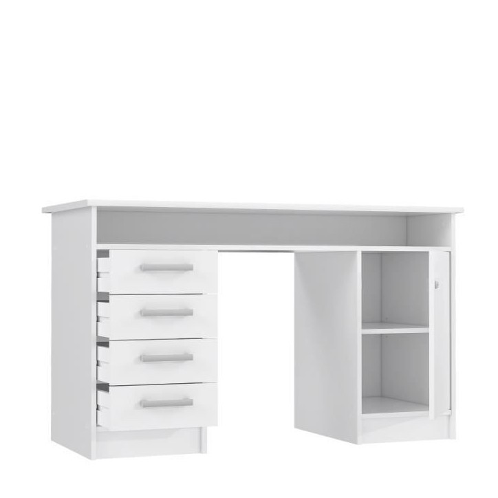 Bureau droit a clés avec 1 porte et 4 tiroirs - Décor papier blanc - 126 x P 55 x H 76 cm - ALICANTE Bureau droit a clés avec 1 porte et 4 tiroirs - Décor papier blanc - 126 x P 55 x H 76 cm - ALICANTE