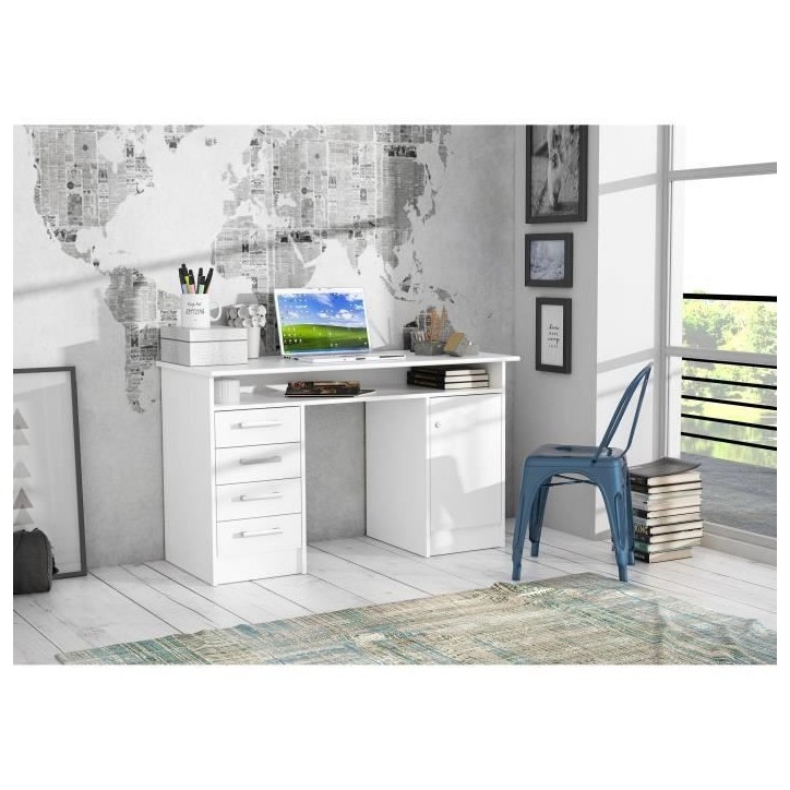 Bureau droit a clés avec 1 porte et 4 tiroirs - Décor papier blanc - 126 x P 55 x H 76 cm - ALICANTE Bureau droit a clés avec 1 porte et 4 tiroirs - Décor papier blanc - 126 x P 55 x H 76 cm - ALICANTE