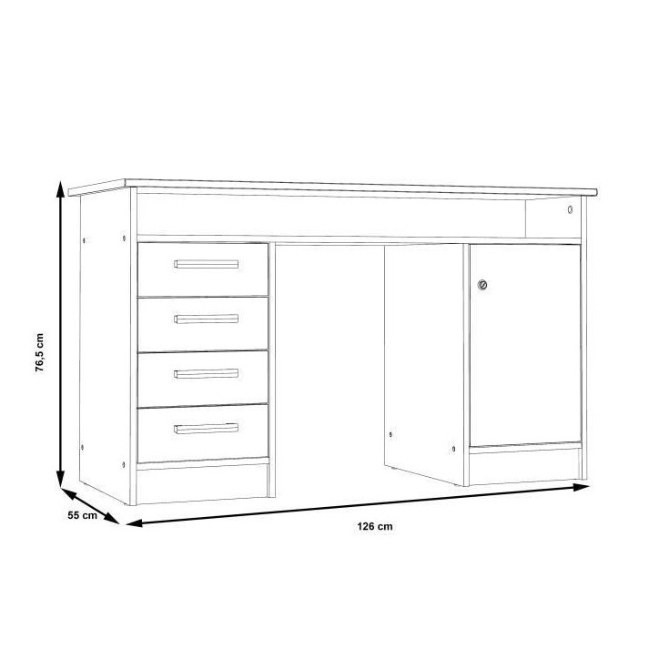 Bureau droit a clés avec 1 porte et 4 tiroirs - Décor papier blanc - 126 x P 55 x H 76 cm - ALICANTE Bureau droit a clés avec 1 porte et 4 tiroirs - Décor papier blanc - 126 x P 55 x H 76 cm - ALICANTE