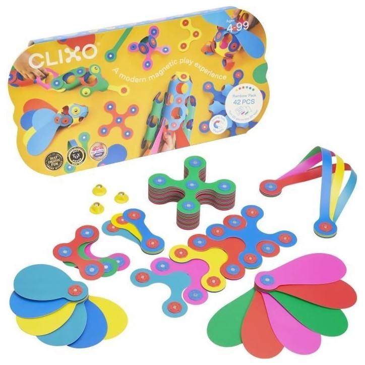 Rainbow Pack CLIXO - GIPSY TOYS - Jeu de Construction Magnétique, Flexible, Durable et Imaginatif - 42 pcs - Des 4 ans