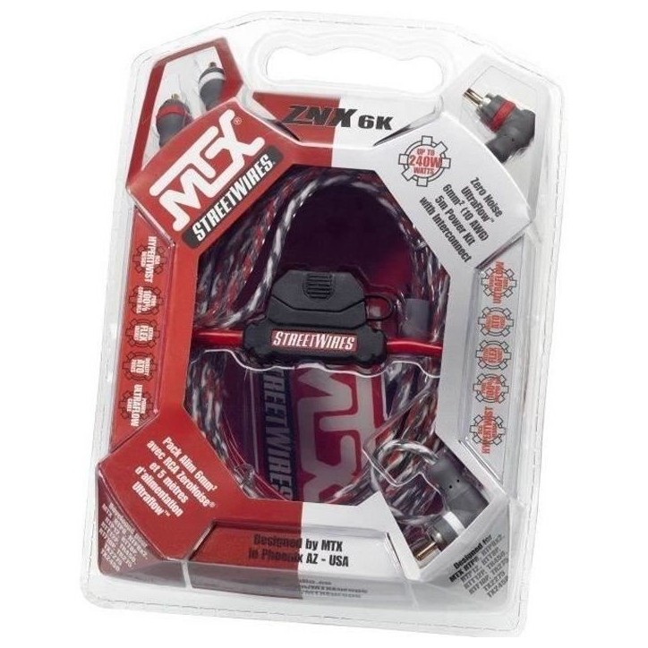 MTX ZNX6K Pack Alimentation 6mm² 5 metres d'alim 0,7m de masse câble RCA porte fusible et accessoires MTX ZNX6K Pack Alimentation 6mm² 5 metres d'alim 0,7m de masse câble RCA porte fusible et accessoires