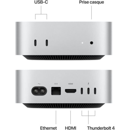 Apple - Mac mini (2024) Puce Apple M4 - RAM 16Go - Stockage 512Go SSD - CPU 10 coeurs GPU 10 coeurs - Argent
