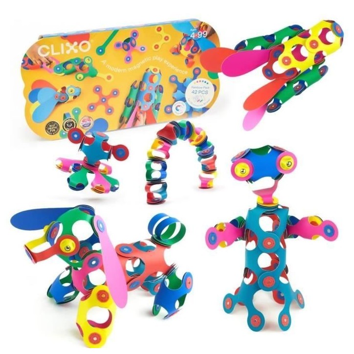 Rainbow Pack CLIXO - GIPSY TOYS - Jeu de Construction Magnétique, Flexible, Durable et Imaginatif - 42 pcs - Des 4 ans
