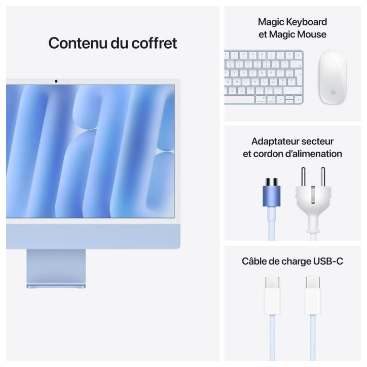 Apple iMac 24 ecran retina 4,5K 256Go SSD 16Go RAM Puce M4 CPU 8 coeurs GPU 8 coeurs Bleu (2024)