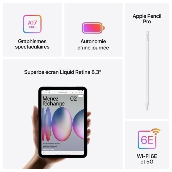APPLE iPad mini (2024) - 8.3''- WiFi + Cellular - 128 Go - Bleu