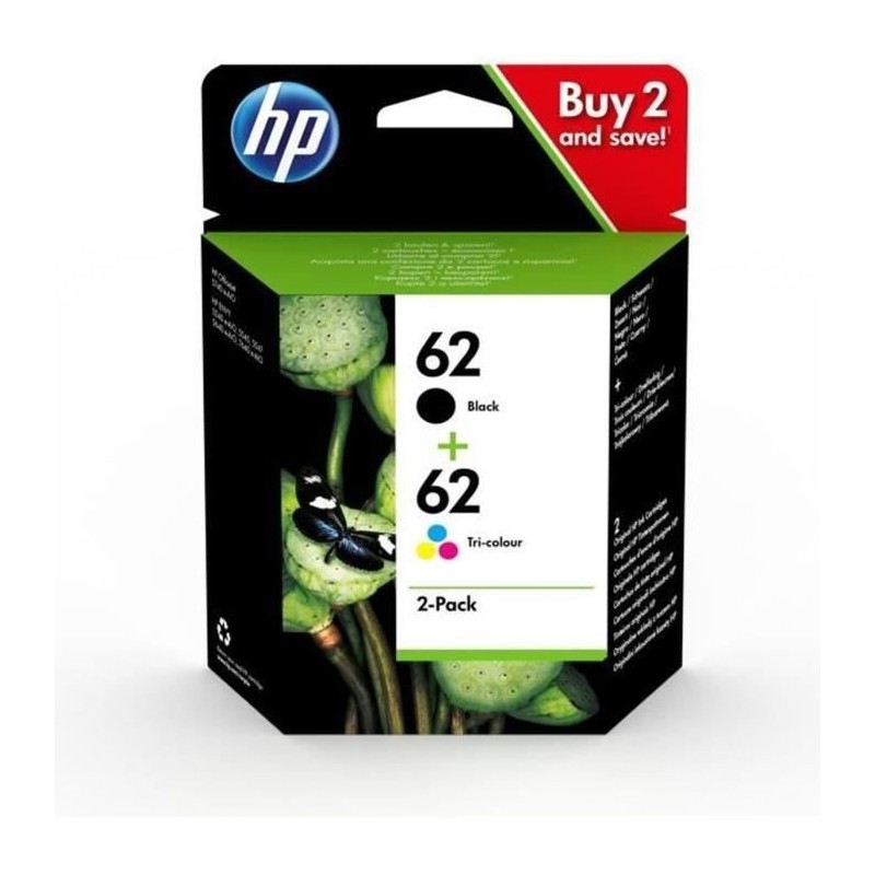 HP 62 Pack de 2 cartouches d'encre noire et trois couleurs authentique HP 62 Pack de 2 cartouches d'encre noire et trois couleurs authentique