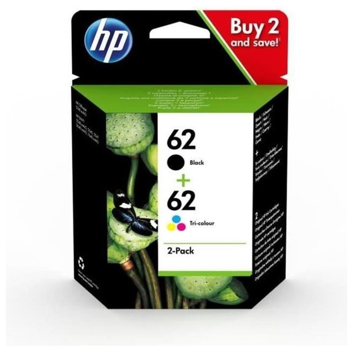 HP 62 Pack de 2 cartouches d'encre noire et trois couleurs authentiques (N9J71AE) pour Officejet Mobile 250, Envy 5540/5640/7640 HP 62 Pack de 2 cartouches d'encre noire et trois couleurs authentiques (N9J71AE) pour Officejet Mobile 250, Envy 5540/5640/7640