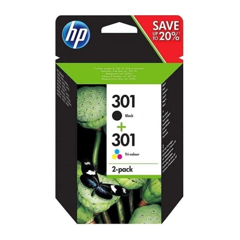 HP 301 Pack de 2 cartouches d'encre noire et trois couleurs authentiqu HP 301 Pack de 2 cartouches d'encre noire et trois couleurs authentiqu