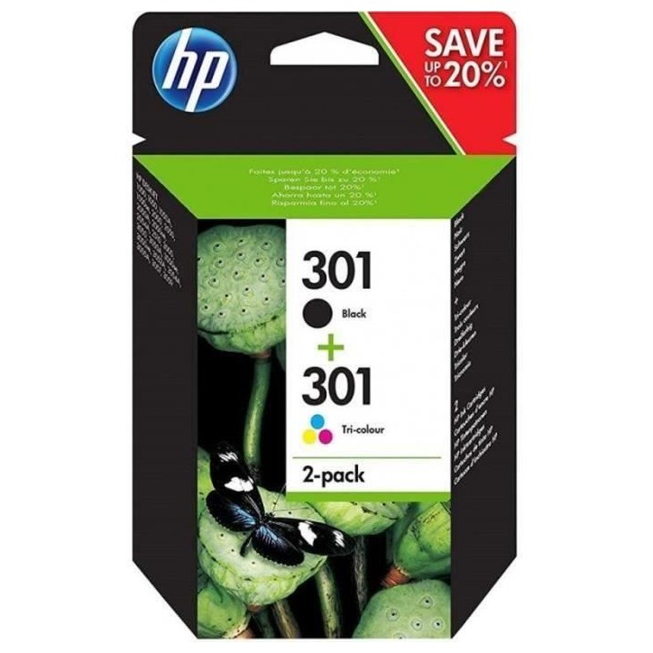 HP 301 Pack de 2 cartouches d'encre noire et trois couleurs authentiques (N9J72AE) pour HP Envy 4505, DeskJet 1050/1512/2548/305 HP 301 Pack de 2 cartouches d'encre noire et trois couleurs authentiques (N9J72AE) pour HP Envy 4505, DeskJet 1050/1512/2548/305
