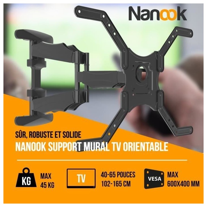 NANOOK Support Mural orientable pour téléviseurs 40-65 Pouces - Inclinable - Support Mural pour téléviseurs LCD, LED, QLED e NANOOK Support Mural orientable pour téléviseurs 40-65 Pouces - Inclinable - Support Mural pour téléviseurs LCD, LED, QLED e