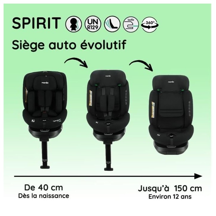 NANIA Siege auto isofix SPIRIT, Groupe 0/1/2/3, de 0 a 10 ans, 0-36 kg, 40-150 cm, R 129– Tetiere réglable - Inclinable - Piv NANIA Siege auto isofix SPIRIT, Groupe 0/1/2/3, de 0 a 10 ans, 0-36 kg, 40-150 cm, R 129– Tetiere réglable - Inclinable - Piv