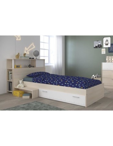 PARISOT Ensemble lit + tete de lit avec rangement - Style contemporain - Décor acacia clair et blanc - CHARLEMAGNE