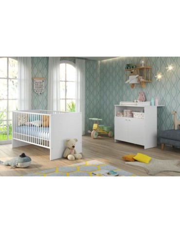 Chambre bébé Duo : Lit 70 x 140 cm + Commode a langer NIKO - Blanc - TREND TEAM