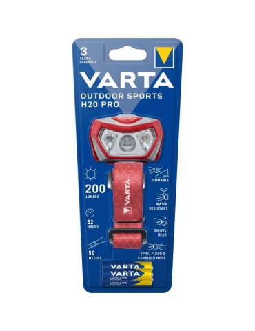 Frontale-VARTA-Outdoor Sports H20 Pro-200lm-Dimmable-IPX4-LED rouge-3 modes lumineux-Lumiere blanche et rouge-3 Piles AAA inclus
