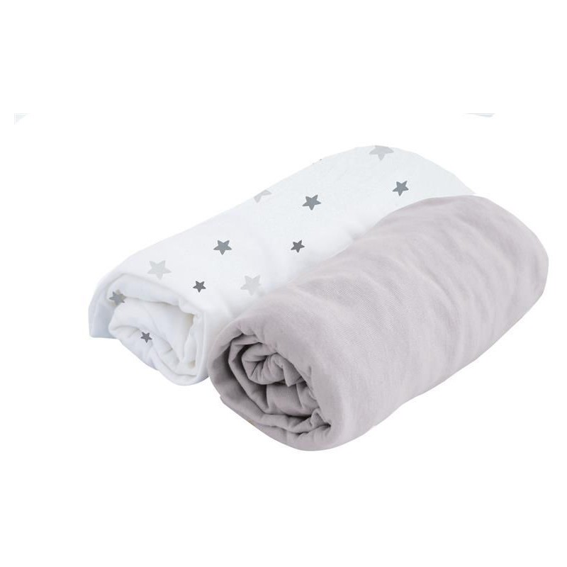 DOMIVA Lot de 2 Draps Housse PERLE GRIS / blanc imprimé étoiles 70x1